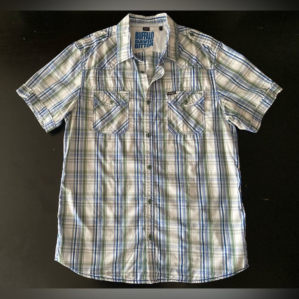 BUFFALO David Bitton Green/Blue Plaid SS Button Down Cotton Shirt sz L